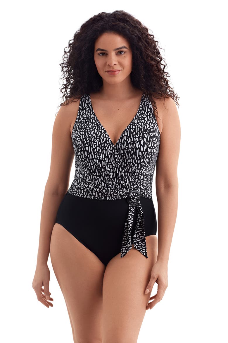 Belted Surplice Long Torso One-Piece Swimsuit, Main, color, Second Wave