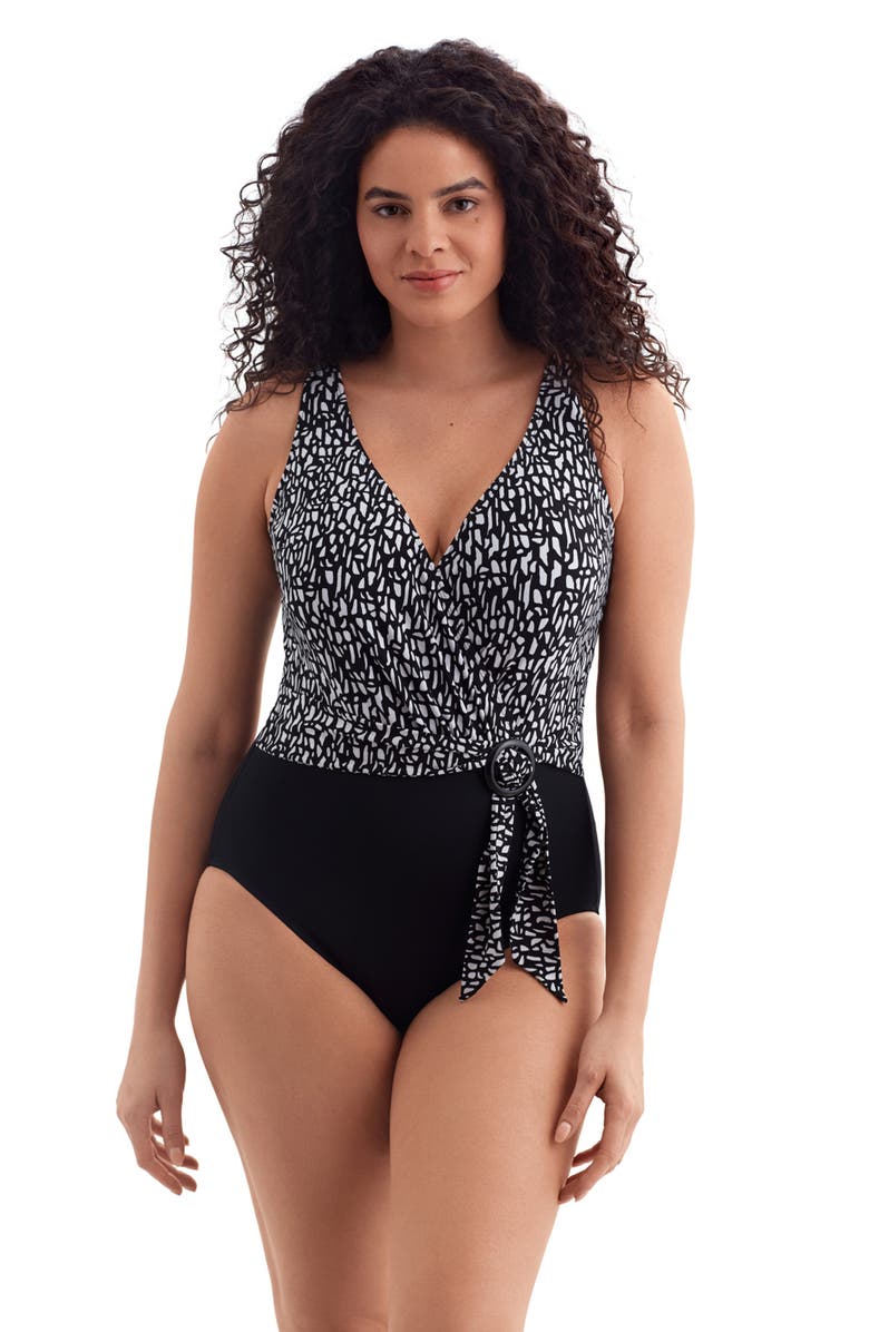 Longitude Belted Surplice Long Torso One-Piece Swimsuit, Main, color, 