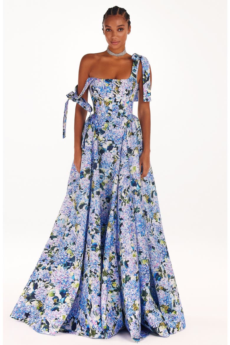 A-Line Corset Taffeta Maxi Gown in Blue Hydrangea Print for Formal Occasions, Main, color, Blue Hydrangea