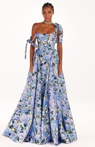 Milla A-Line Corset Taffeta Maxi Gown in Blue Hydrangea Print for Formal Occasions