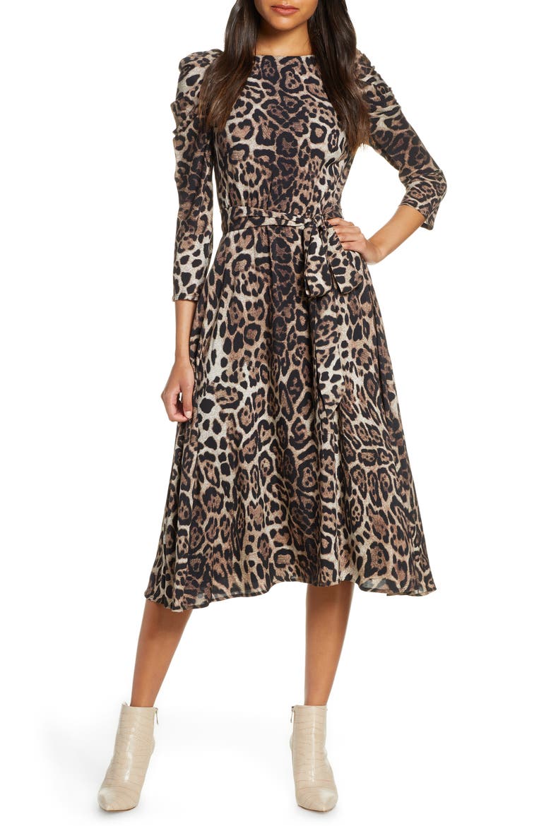 Leopard Print Long Sleeve Midi Dress, Main, color, ANIMAL