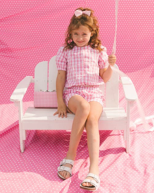 Deux Par Deux Girl's Puff Sleeve Dress With Waist Tie Pink And White Checks In Pink And White Checks