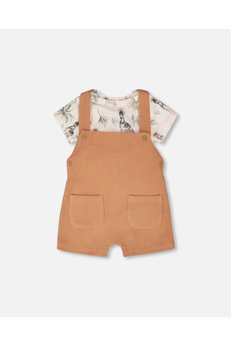 Organic Cotton Jersey Bodysuit and Cotton Rib Shortall Set, Main, color, Beige Zebra Print & Caramel