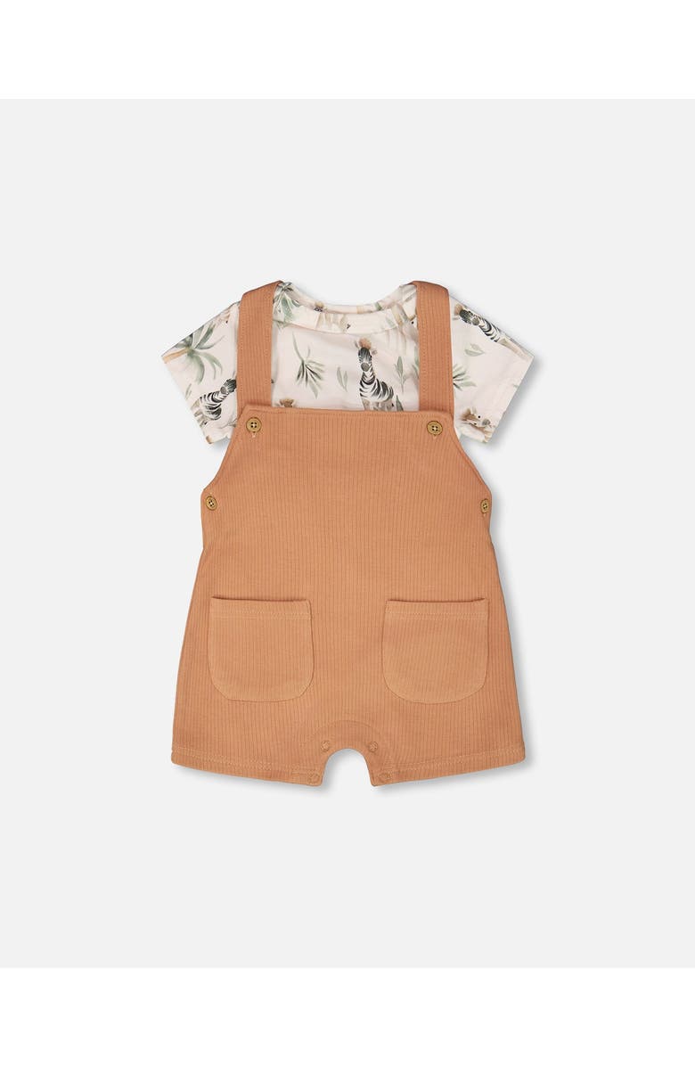 Deux par Deux Organic Cotton Jersey Bodysuit and Cotton Rib Shortall Set, Main, color, Beige Zebra Print & Caramel