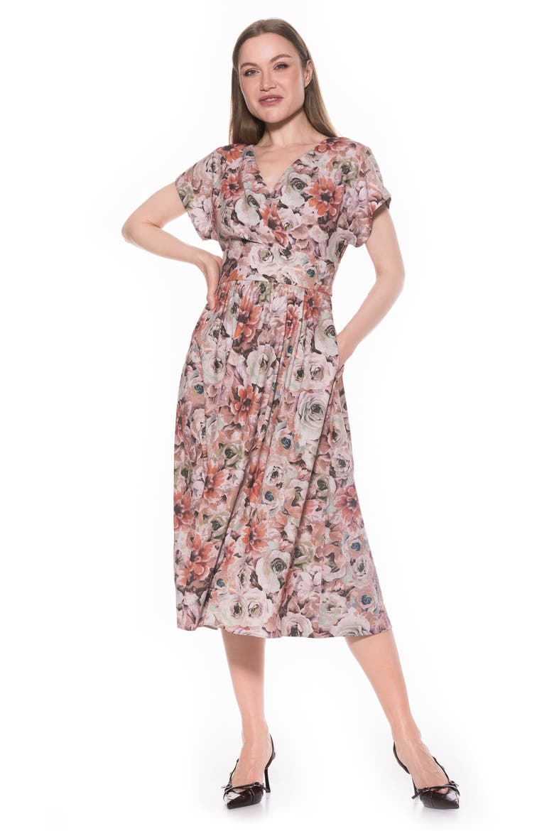 Ava Short Sleeve Fit & Flare Midi Dress, Alternate, color, BROWN FLORAL