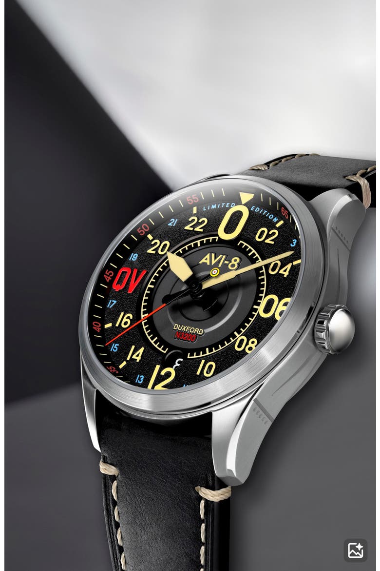 x Imperial War Museums Spitfire N3200 Automatic Leather Strap Watch, 42mm, Alternate, color, BLACK