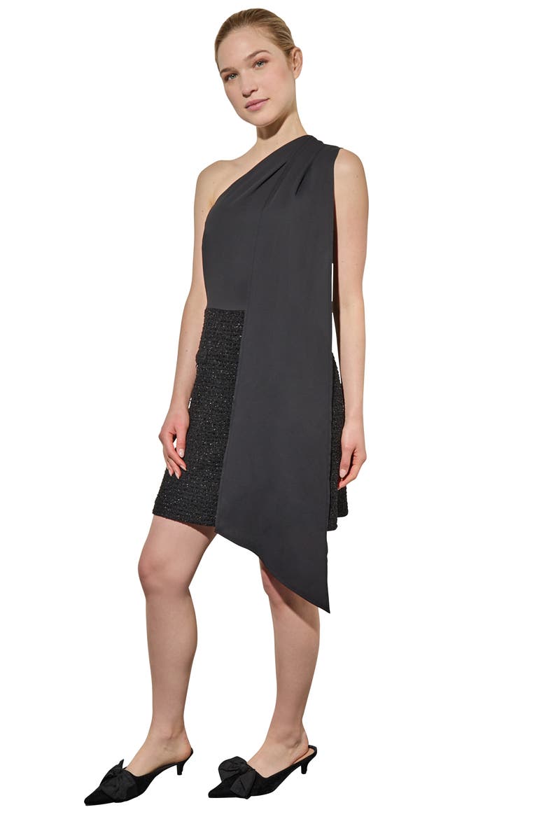Mixed Media One-Shoulder Dress, Alternate, color, BLACK