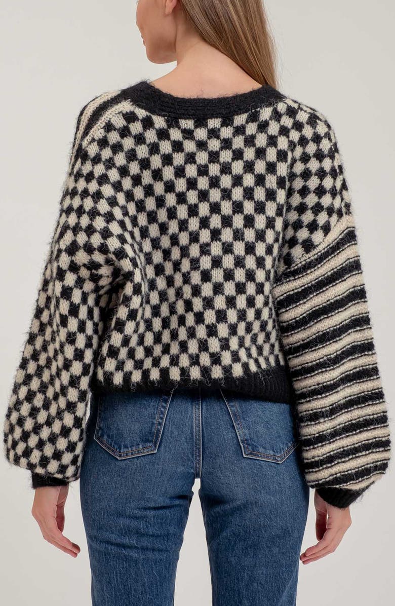 Blu Pepper Stripe Check Balloon Sleeve Cardigan, Alternate, color, 