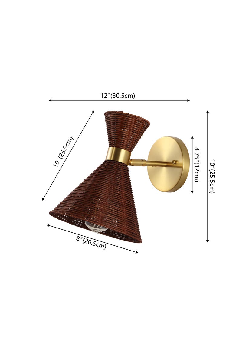 Zoey 1-Light Mid-Century Vintage Retro Rattan/Metal LED Sconce with Adjustable Shade, Alternate, color, Brass Gold/Dark Brown
