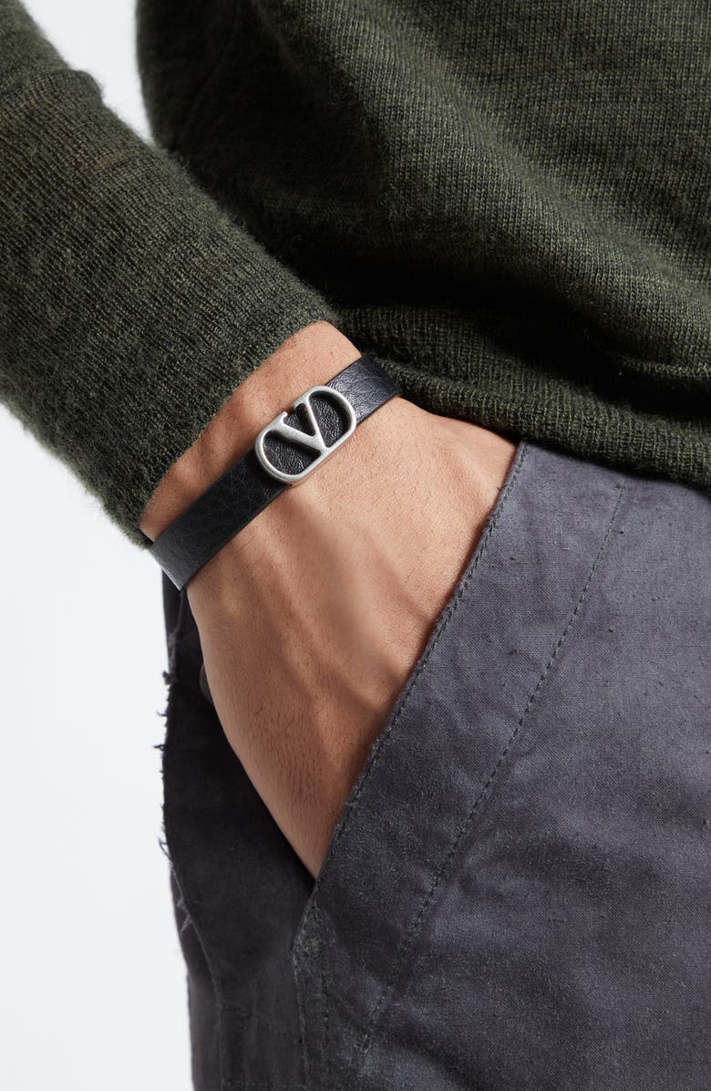 Valentino Men's VLOGO Signature Leather Bracelet, Alternate, color, Black