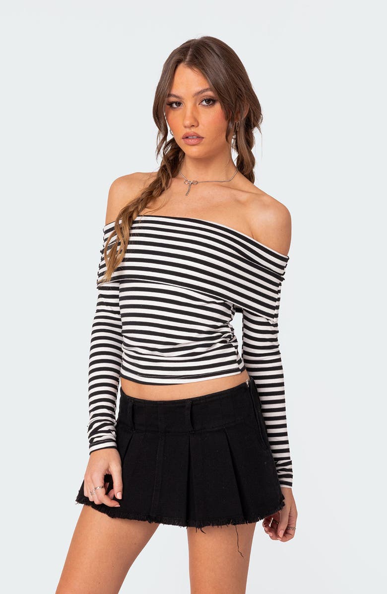 EDIKTED Stripe Foldover Off the Shoulder Crop Top, Alternate, color, 