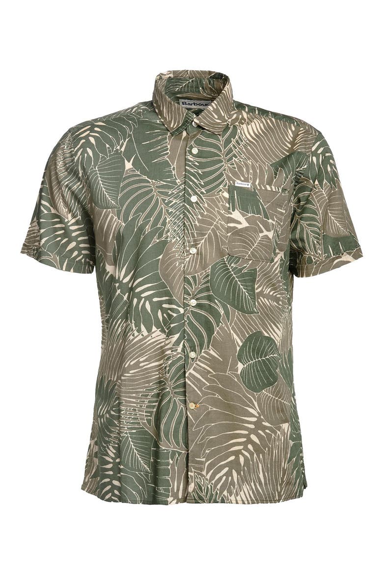 Cornwall Leaf Print Short Sleeve Button-Up Shirt, Alternate, color, OLIVE