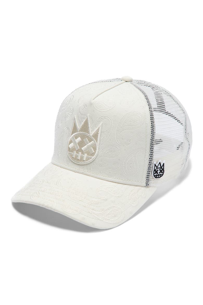 Shimuchan Logo Paisley Trucker Hat, Main, color, WINTER WHITE