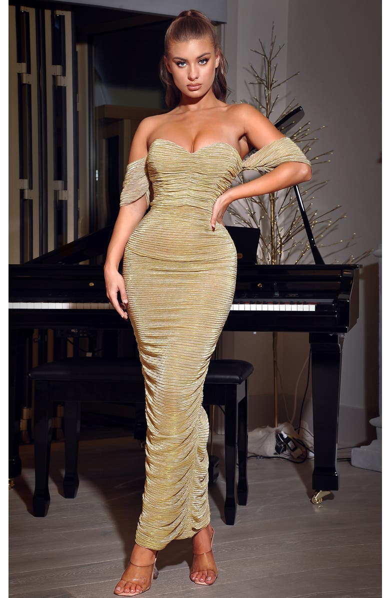 Miss Circle Gene Ruched Off Shoulder Chiffon Dress, Alternate, color, Gold