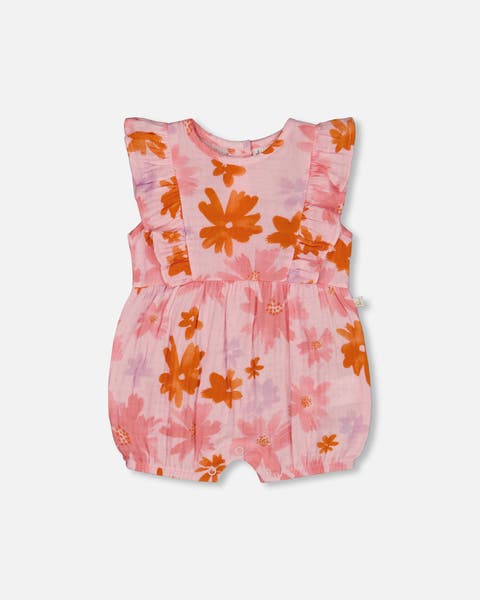Deux Par Deux Jersey Pointelle Romper - Printed Pink Disty Flowers Deux Par Deux Jersey Pointelle Romper - Printed Pink Disty Flowers