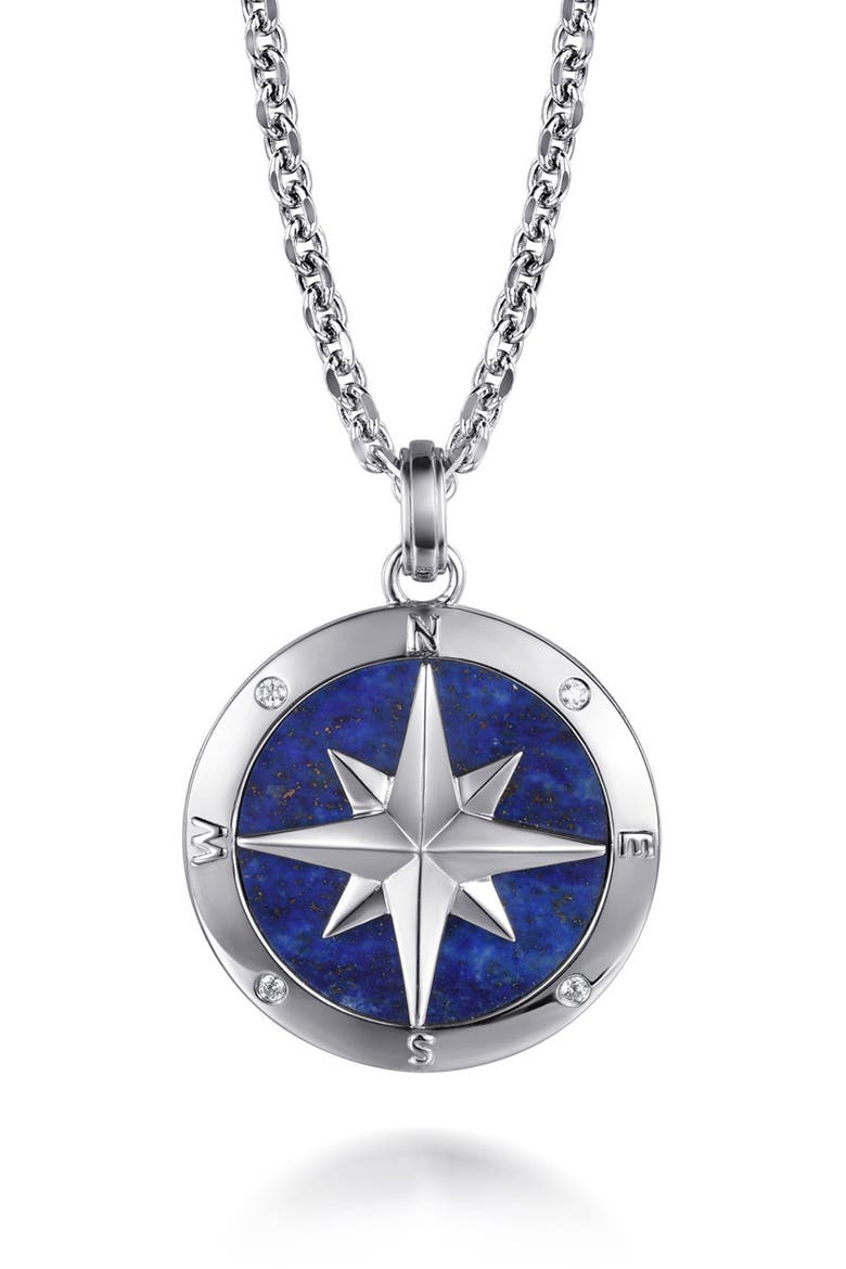 Men's Polaris Lapis Lazuli & Diamond Compass Pendant Necklace, Main, color, STERLING SILVER/ LAPIS
