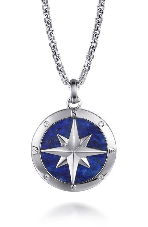 Men's Polaris Lapis Lazuli & Diamond Compass Pendant Necklace
