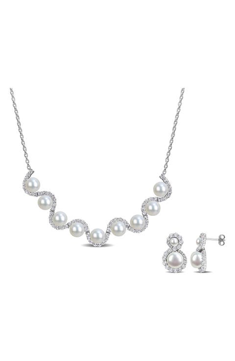 Freshwater Pearl & White Topaz Necklace & Stud Earrings Set