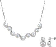 DELMAR Freshwater Pearl & White Topaz Necklace & Stud Earrings Set