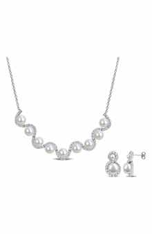 DELMAR Freshwater Pearl & White Topaz Necklace & Stud Earrings Set