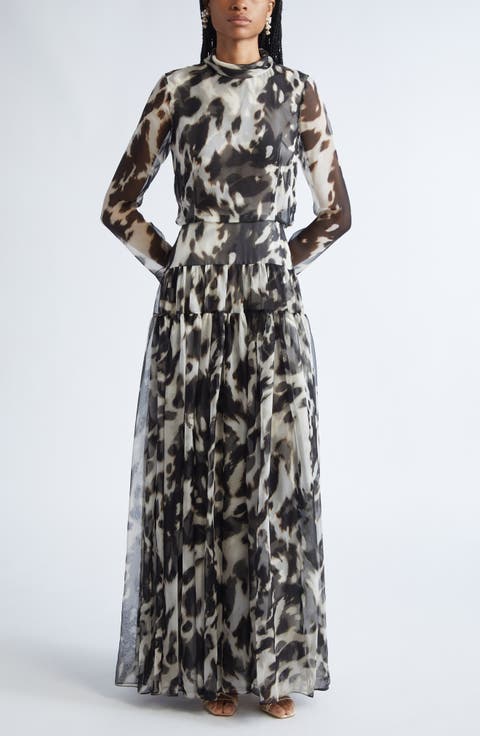 Cow Print Long Sleeve Sheer Silk Dress