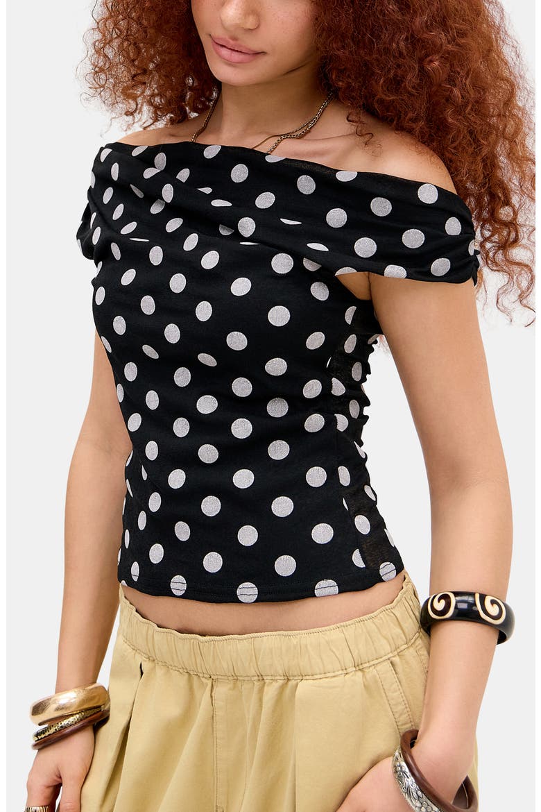 Fia Off the Shoulder Polka Dot Mesh Top, Main, color, BLACK SPOT