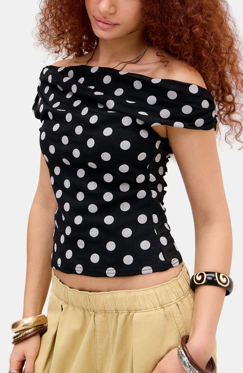 Fia Off the Shoulder Polka Dot Mesh Top