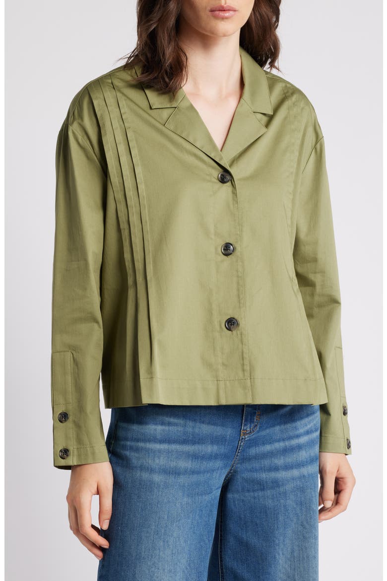 Icara Pleat Detail Button-Up Cotton Shirt, Main, color, LODEN GREEN