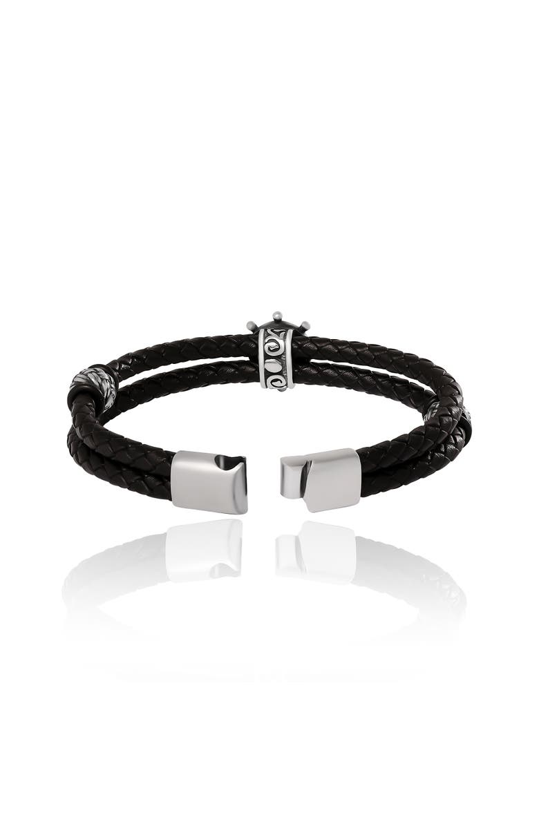 Lucky Brand Nautical Wheel Black Braided Leather Bracelet, Alternate, color, Black