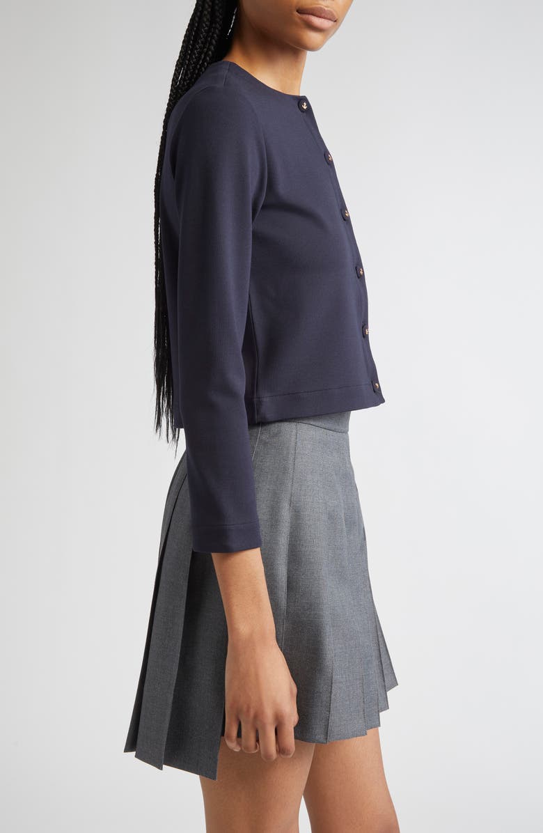 Thom Browne Crewneck Cardigan with Anchor Embossed Buttons, Alternate, color, Navy