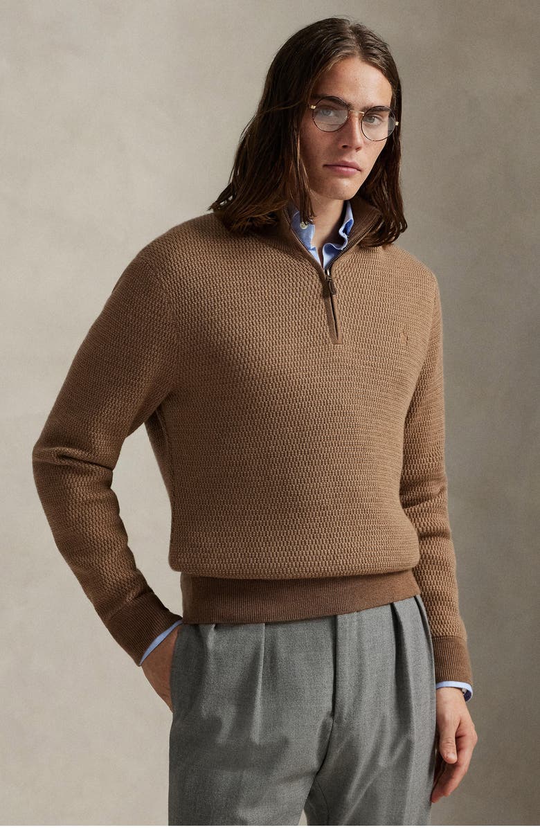 Polo Ralph Lauren Textured Wool Quarter Zip Sweater, Alternate, color, Camel Combo