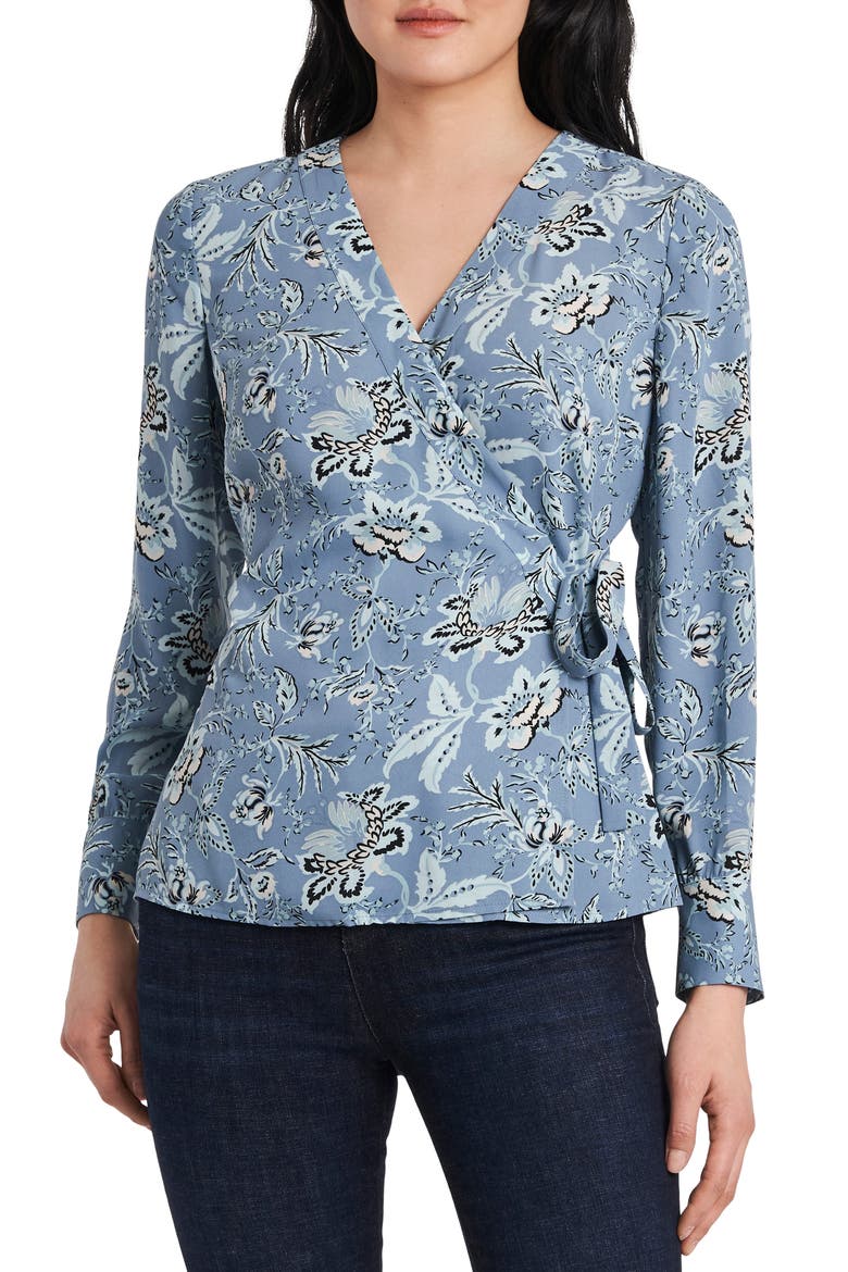 Vince Camtuo Antique Floral Side Tie Long Sleeve Blouse, Main, color, BLUESTONE