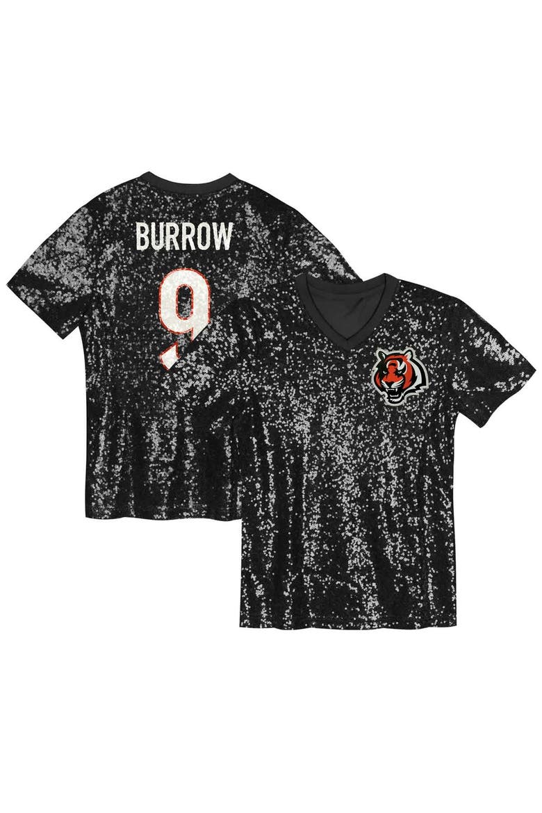 Girls Youth Joe Burrow Black Cincinnati Bengals Sequin V-Neck Fashion Jersey, Main, color, Black