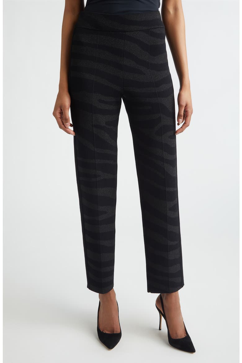 Isabel Metallic Zebra Jacquard Santa Roma Knit Pants, Main, color, BLACK METALLIC