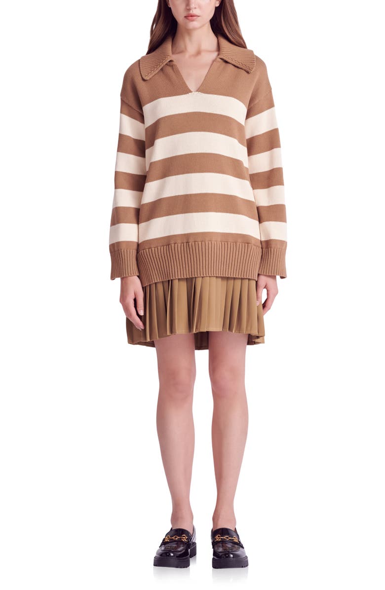 English Factory Mixed Media Long Sleeve Pleated Minidress, Main, color, Camel/ Beige