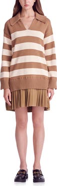 English Factory Mixed Media Long Sleeve Pleated Minidress