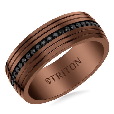8mm Espresso Tungsten And Black Tungsten Stripe Inlay With Black Sapphire Eternity Center And Bevel Edge