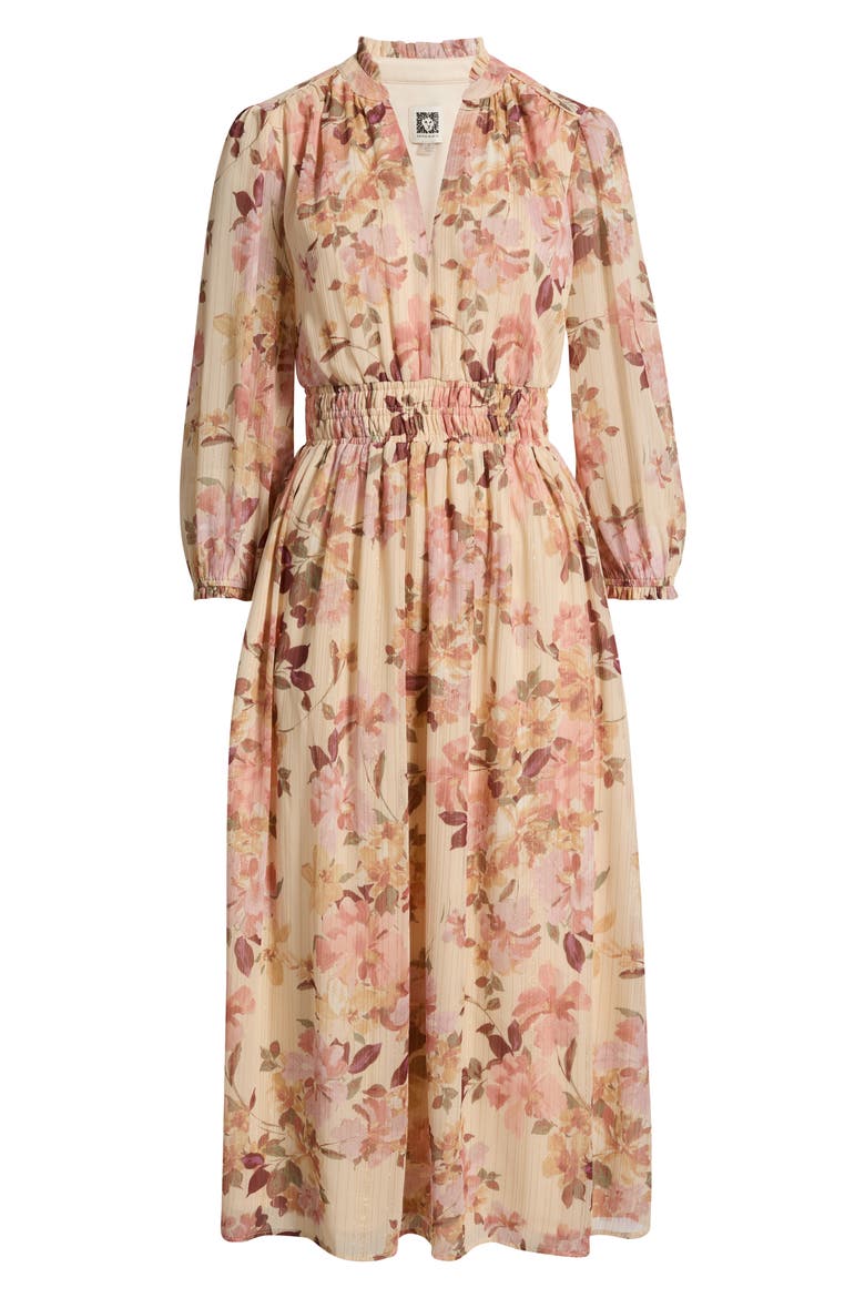 Smocked Waist Ruffle Trim Midi Dress, Alternate, color, MACADAMIA MULTI
