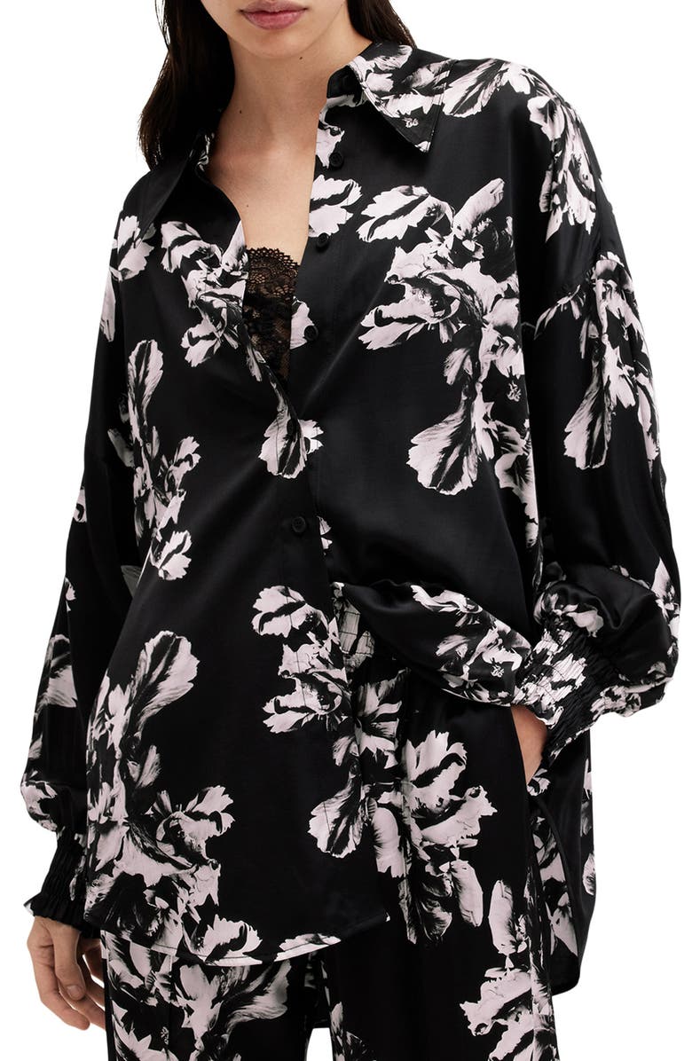 AllSaints Charli Floral Satin Button-Up Shirt, Alternate, color, Monica Black