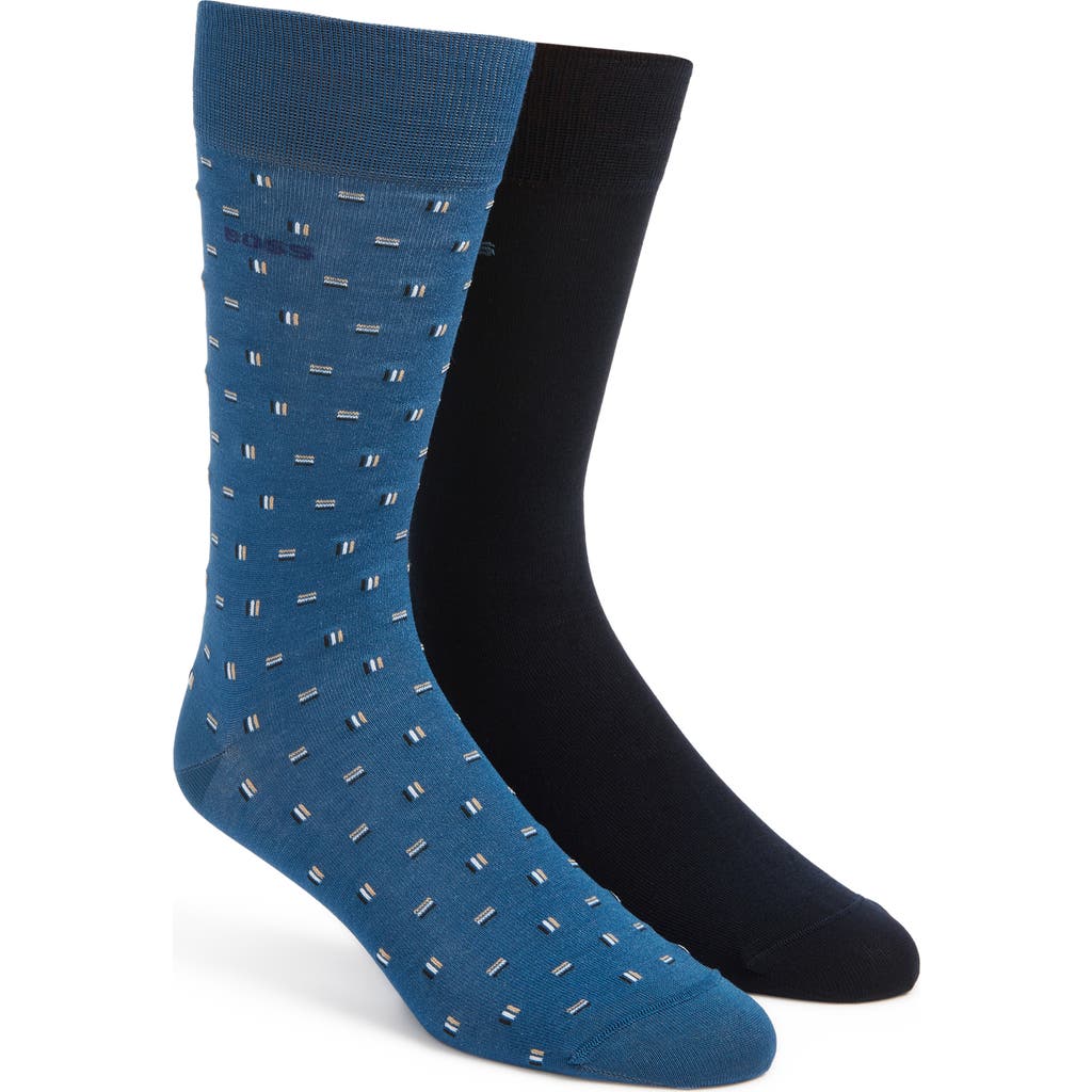 Hugo Boss Boss Assorted 2-pack Geo & Solid Cotton Blend Dress Socks In Blue