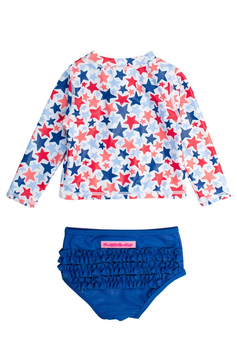 RuffleButts Toddler Girls UPF50+ Long Sleeve Zipper Rash Guard 2-Piece, Alternate, color, Shimmer Star-Spangled