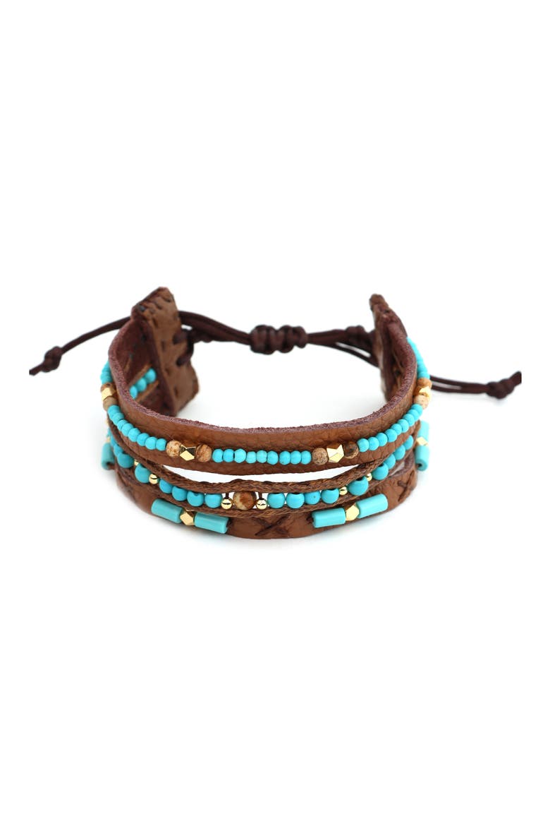 Turquoise Bead & Leather Adjustable Bracelet, Main, color, TURQUOISE/ BROWN