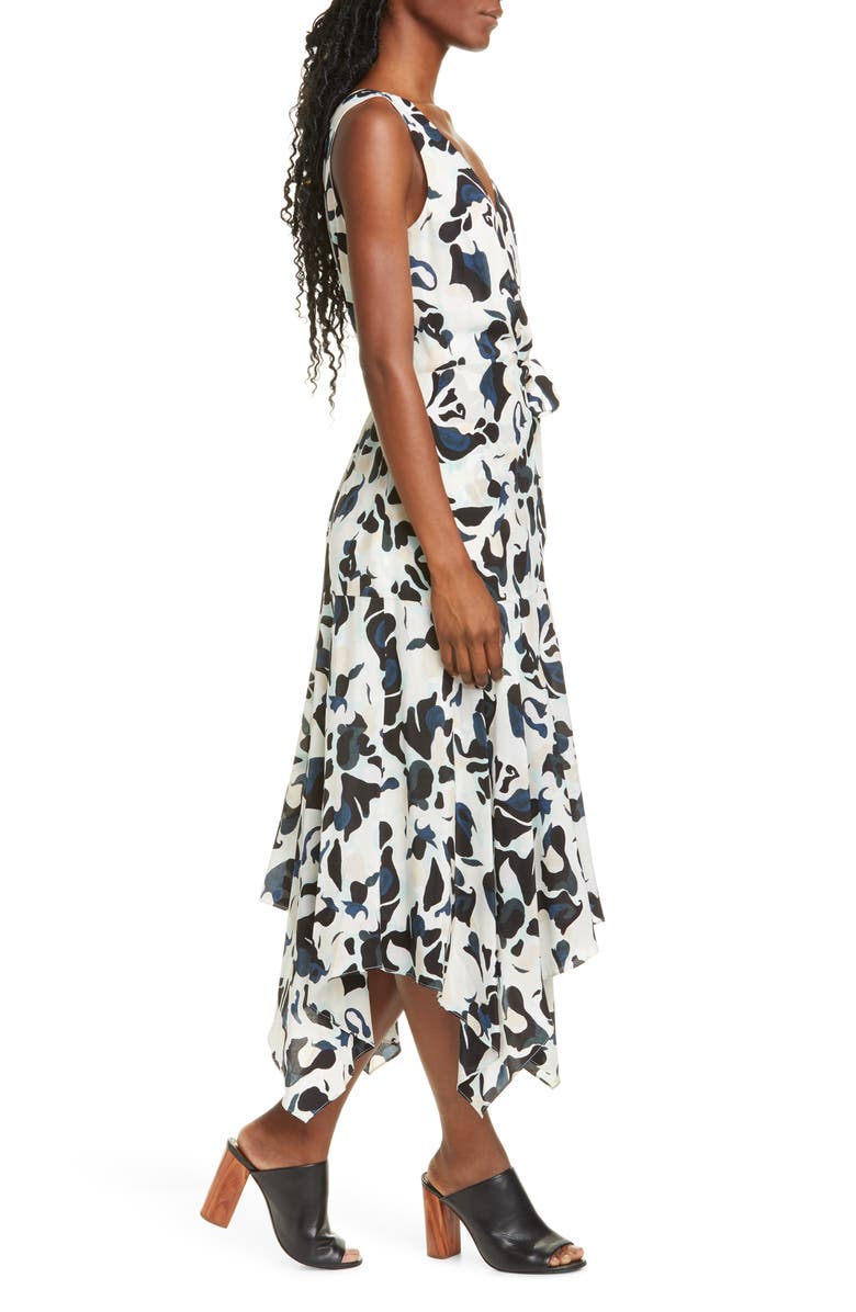 Club Monaco Abstract Print Faux Wrap Handkerchief Hem Silk Dress, Alternate, color, 