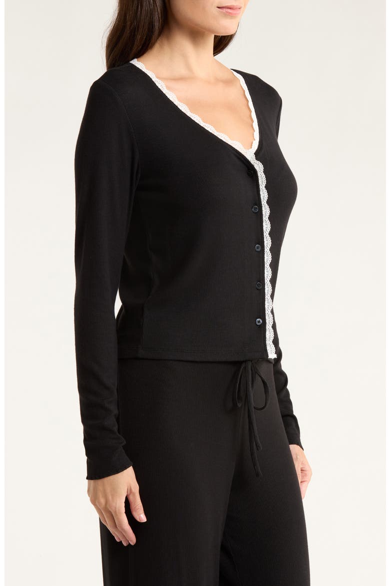 Daydream Lace Trim Rib Button-Up Lounge Top, Alternate, color, BLACK