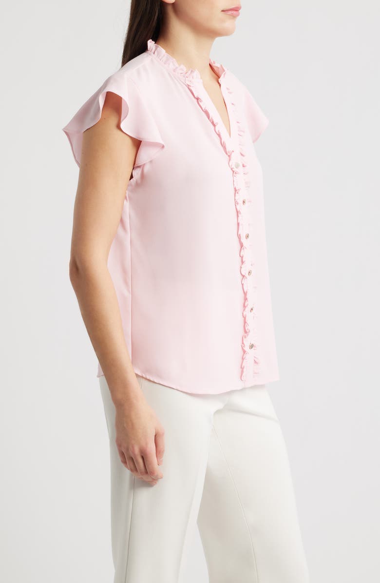 AK ANNE KLEIN Ruffle Accent Short Sleeve Button-Up Shirt, Alternate, color, Peony Pink
