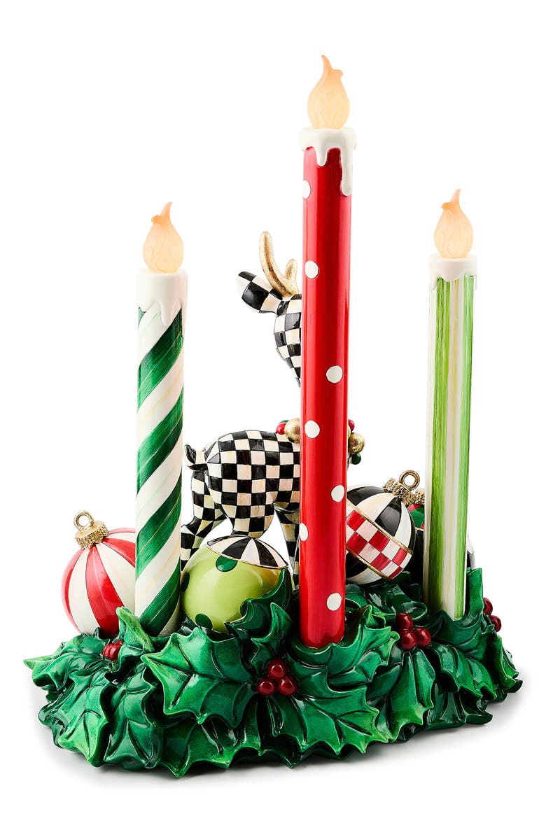 MACKENZIE CHILDS Check It Out Illuminated Deer & Candle Centerpiece, Alternate, color, Green