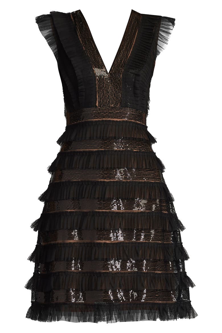 Sequin Ruffle Sleeveless Cocktail Dress, Alternate, color, BLACK