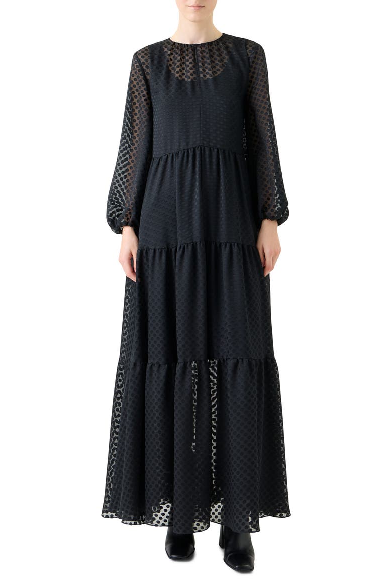 Polka Dot Long Sleeve Devoré Dress, Main, color, BLACK