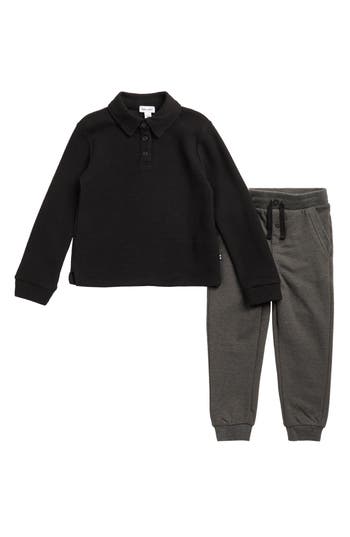 Splendid Kids' Waffle Knit Long Sleeve Polo & Joggers Set In Black