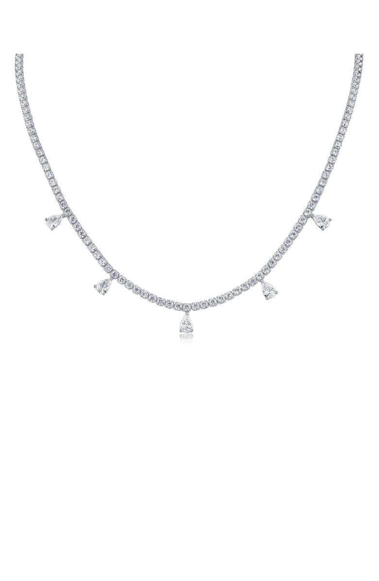 CZ by Kenneth Jay Lane Round & Pear Cut Cubic Zirconia Station Necklace, Main, color, Rhodium Plated